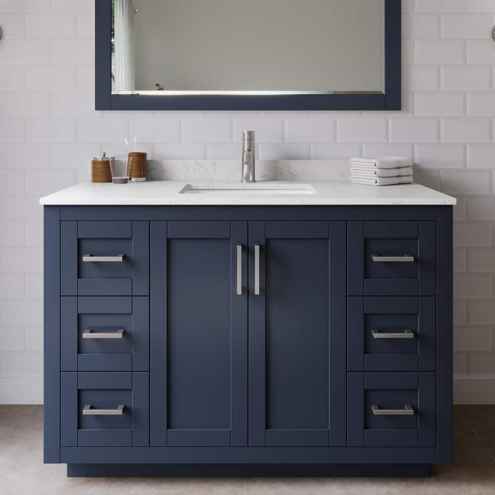 Miranda 48 in. W Single Bath Vanity in Dark Blue w/Cultured Marble Vanity Top in LV Carrara with White Basin and Mirror price history on PriceWatchPro