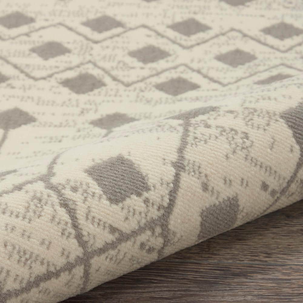 Ivory and Grey Geometric Hand-Knotted 7'10" x 9'10" Synthetic Area Rug