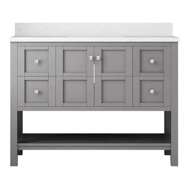 VANITYFUS Solid Wood 48 in. W x 22 in. D x 39.3 in. H Single Sink Bath Vanity in Modern Gray with Carrara White Natural Marble Top