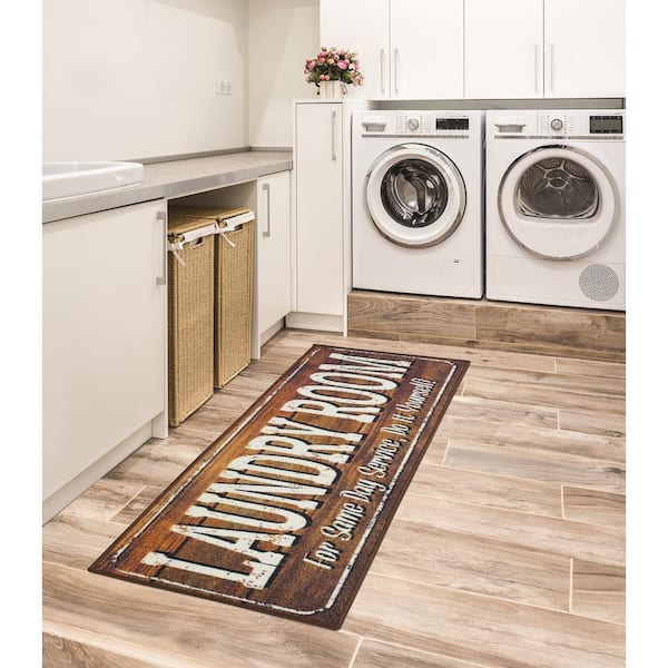 Ottomanson Laundry Non-Slip Rubberback Laundry Text 2x5 Laundry Room Runner Rug, 20 inch x 59 inch, Baby Blue