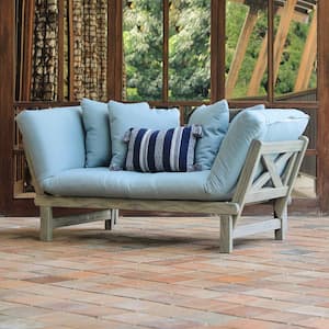 Tulle Weathered Gray Wood Outdoor Convertible Sofa Day Bed with Blue Spruce Cushion
