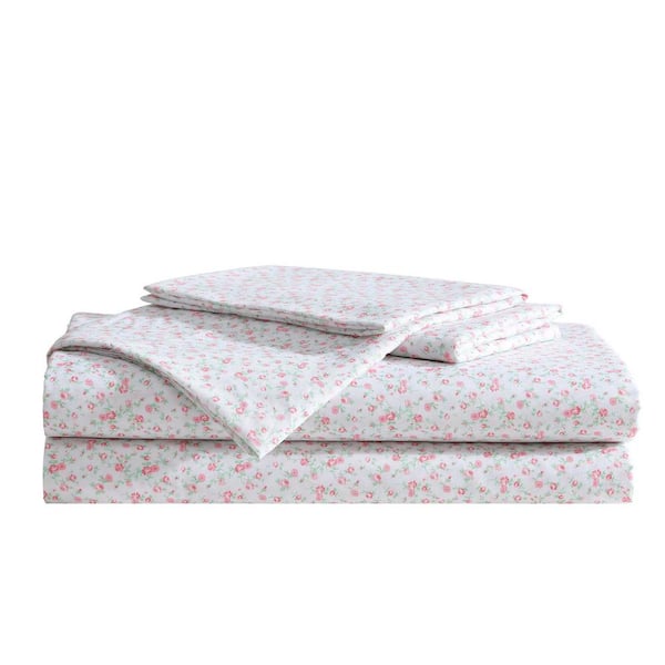 Whimsical Floral 4 Piece Green/Pink Microfiber Queen Sheet Set