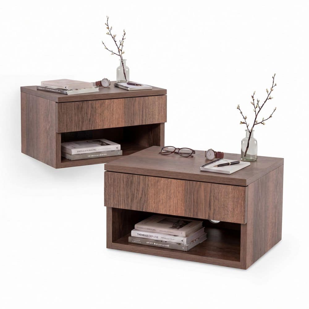 Ettore 15.71 in. Floating Wall Mounted Nightstand with Soft-Close Drawer and Cable Hole, Dark Brown (Set of 2)