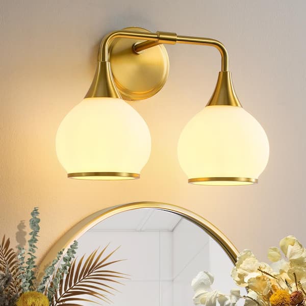 KAISITE 14 in. 2 Light Brushed Gold Vanity Light With White Globe Glass Shades Farmhouse Wall Sconce Lighting For Bathroom