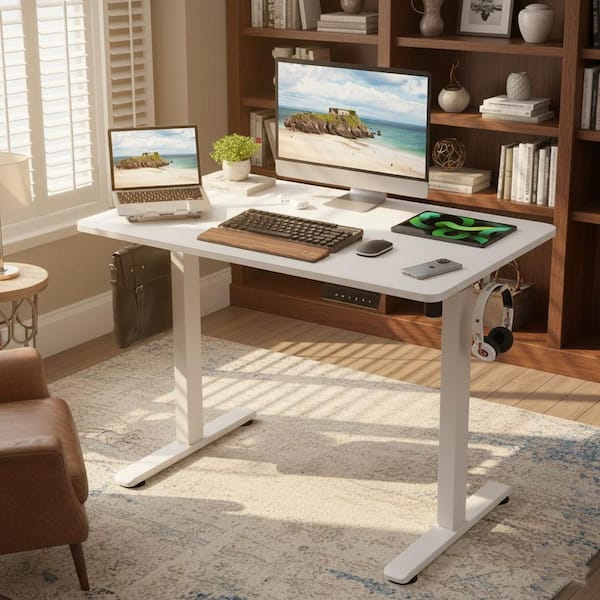 NPMASD 40 in. Cloud White Frame Frosted Pearl Top Electric Height Adjustable Standing Desk with Memory Presets