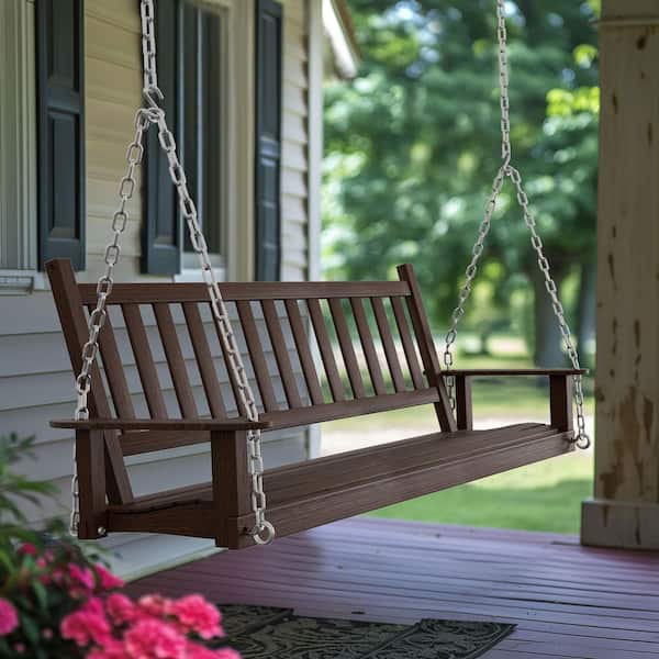 5 ft. Wood Patio Porch Swing Outdoor With Chains and Curved Bench, Carbonized