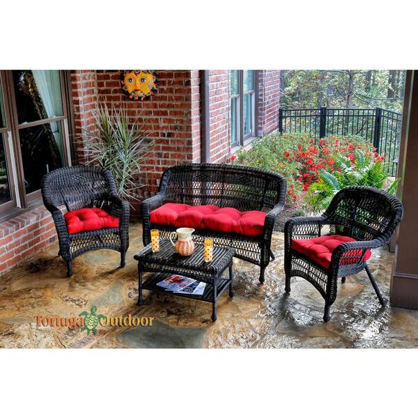 Tortuga Outdoor Portside Dark Roast 4-Piece Wicker Patio Seating Set with Lipstick Red Cushions