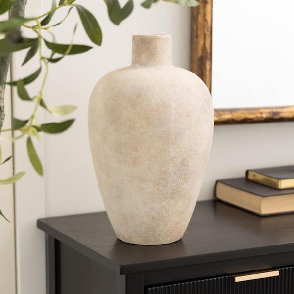 Cream Wide Washed Ceramic Decorative Vase with Brown Accents