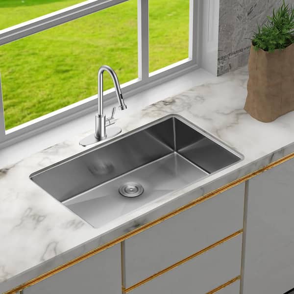 30 in. Undermount Single Bowl 16-Gauge Brushed Nickel Stainless Steel Kitchen Sink with Bottom Grids, Drain Board