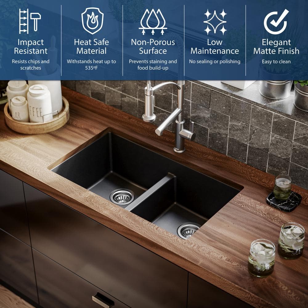 Black Quartz 32'' Double Bowl Undermount Kitchen Sink