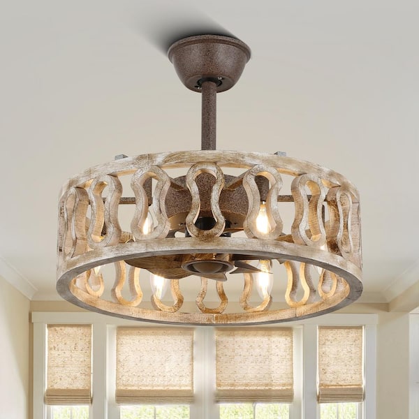 Bella Depot Farmhouse 18 in. Indoor Rustic Wood Beige Caged Ceiling Fan with Light and Remote