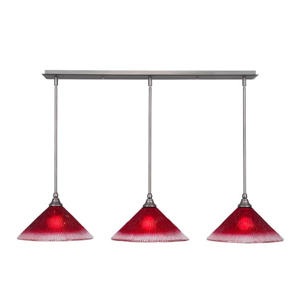 Unbranded Livingston 100-Watt 3 Light Brushed Nickel, Linear Pendant Light with 12 in. Raspberry Glass Shades No Bulbs Included