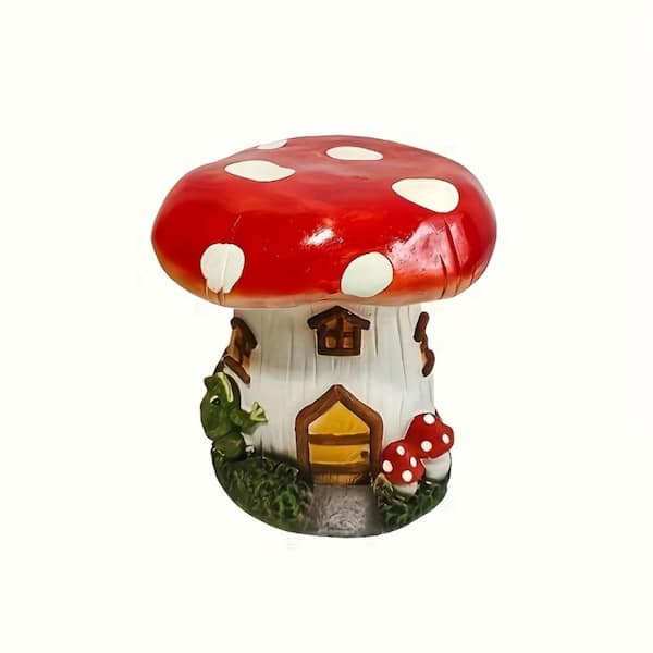 Red Plastic Mushroom House Decoration Garden Stool, 13.4 in. Waterproof Indoor & Outdoor Sculpture Plant Stand