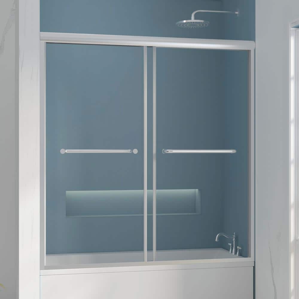 Nickel Framed Double Sliding Tub Door with Clear Tempered Glass