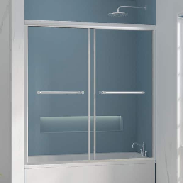 Hpeytaire 60 in. W x 62 in. H Framed Sliding Bathtub Door in Brushed silver with 5/16 in. Tempered Clear Glass