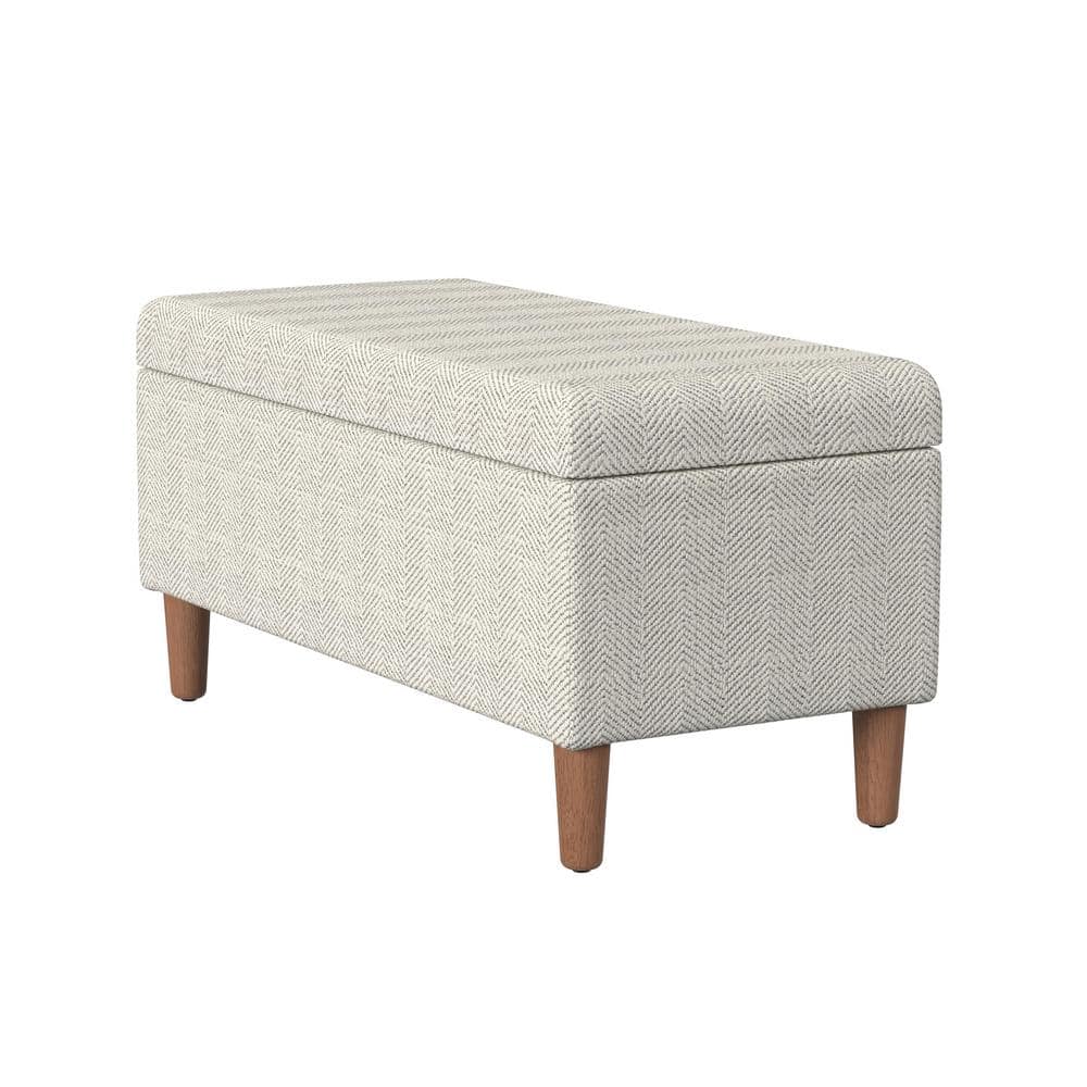 Cream Chevron Upholstered Storage Bench with Wood Legs