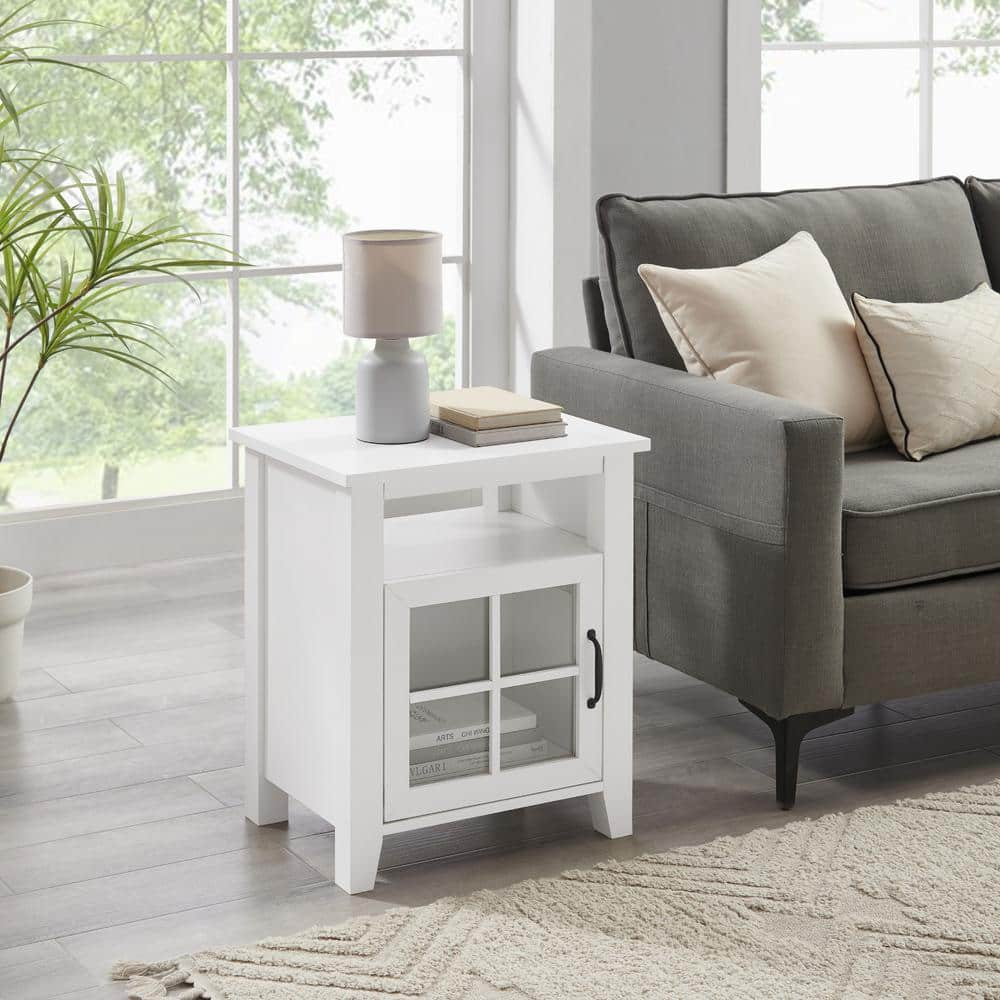 Welwick Designs 20 In Solid White Rectangle Wood Transitional End Table With Windowpane Cabinet