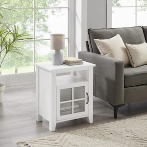 20 in. Solid White Rectangle Wood Transitional End Table with Windowpane Cabinet