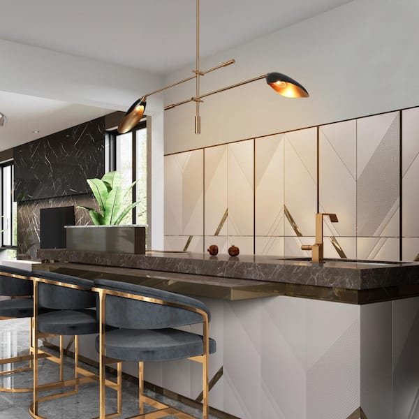 Toltehcwe Modern 2-light Sputnik Chandelier with Brass and Black Shade, Industrial Linear Lamp for Kitchen Island