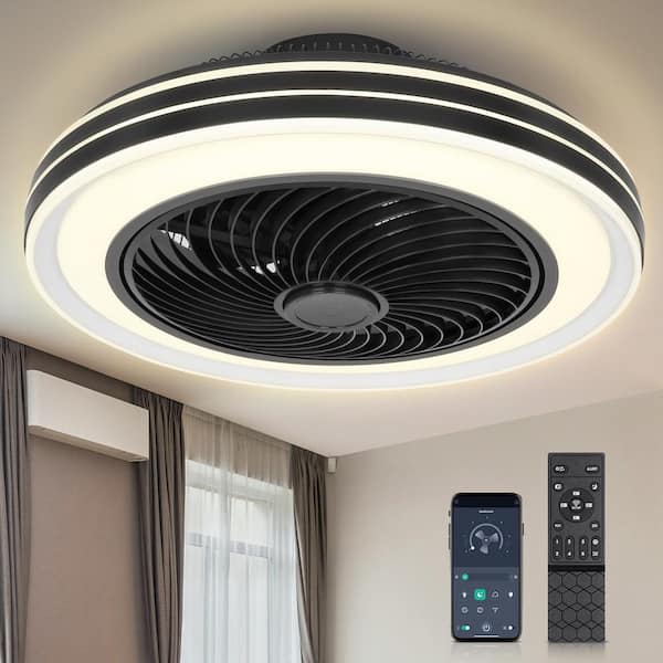 Ltemziiy 20 in. Indoor Black Caged Enclosed Ceiling Fan with LED Light Modern Low Profile Ceiling Fan with Remote and APP Control