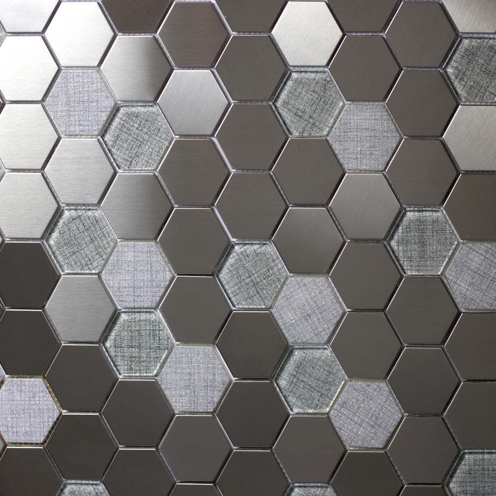 ABOLOS Enchanted Metals Blue and Silver Hexagon Mosaic 2 in. x 2 in. in. Glass and Metal Decorative Tile Sample, Silver/Multifinish -  CHMEHMHEX-SC