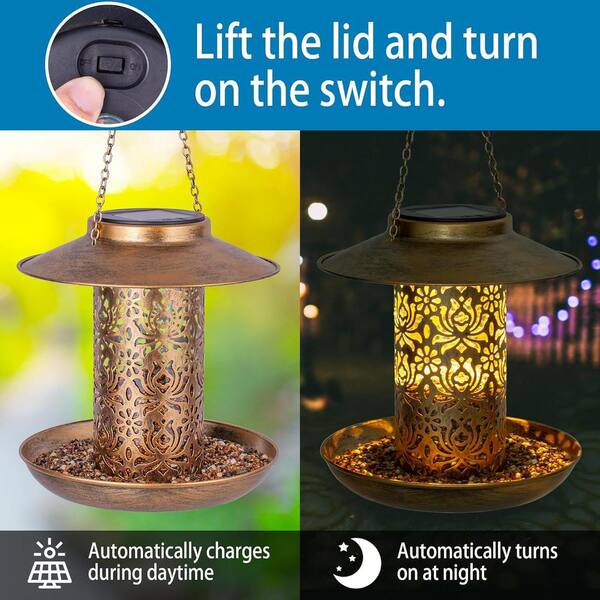 Unbranded - Bronze Metal Water Resistant Solar Bird Feeder with S Hook and Light as Gift Idea for Bird Lover