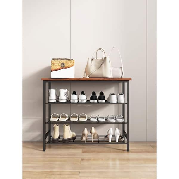 URTR Modern Brown 4-Tier Metal Shoe Rack, Multifunctional Shoe Storage Shelf with MDF Top Board for Living Room, Hallway