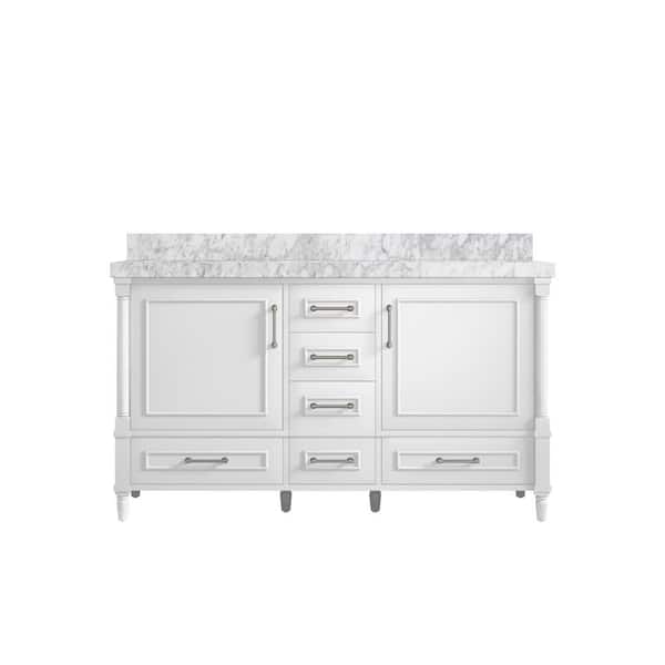 Willow Collections Hudson 60 in. W x 22 in. D x 36 in. H Double Sink Bath Vanity in White with 2 in. Carrara Marble Top