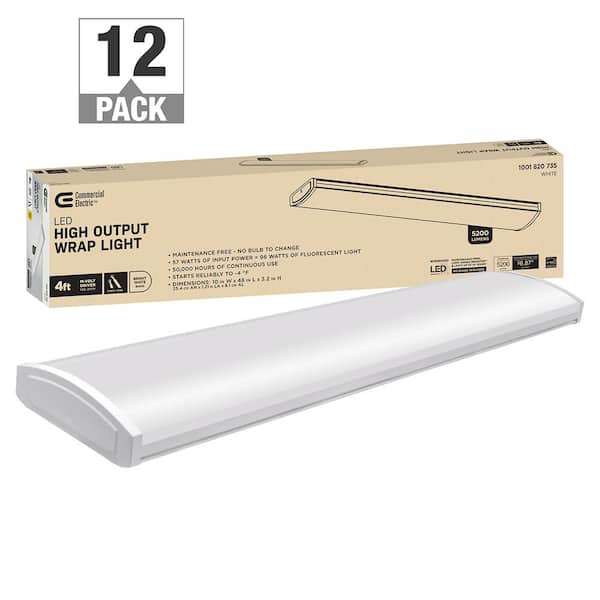 Commercial Electric 4 ft. 96-Watt Equivalent 5200 Lumens White Integrated LED Shop Light Garage Light 120-277v 4000K Bright White (12-Pack)