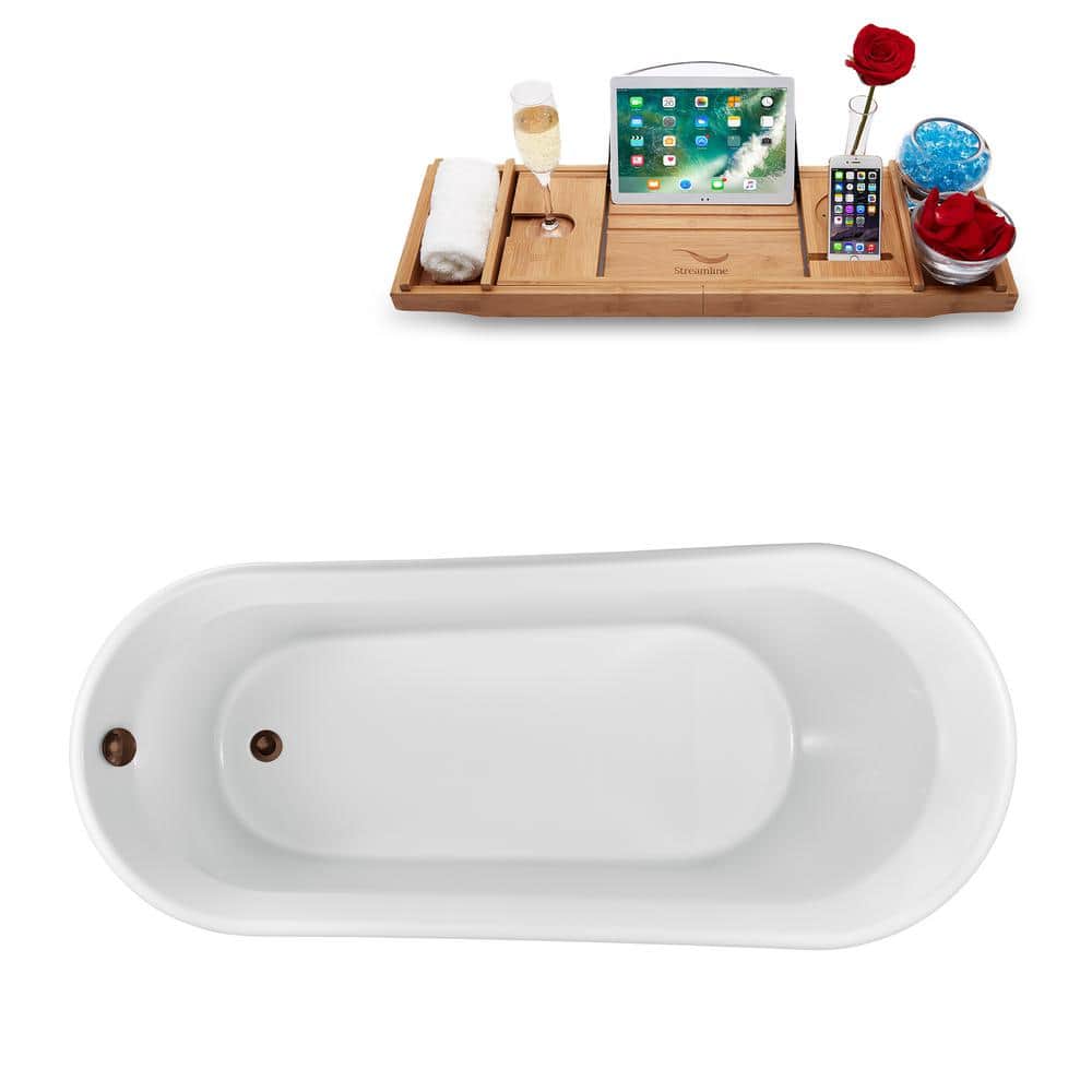61" Glossy White Acrylic Freestanding Bathtub with Matte Oil Rubbed Bronze Drain
