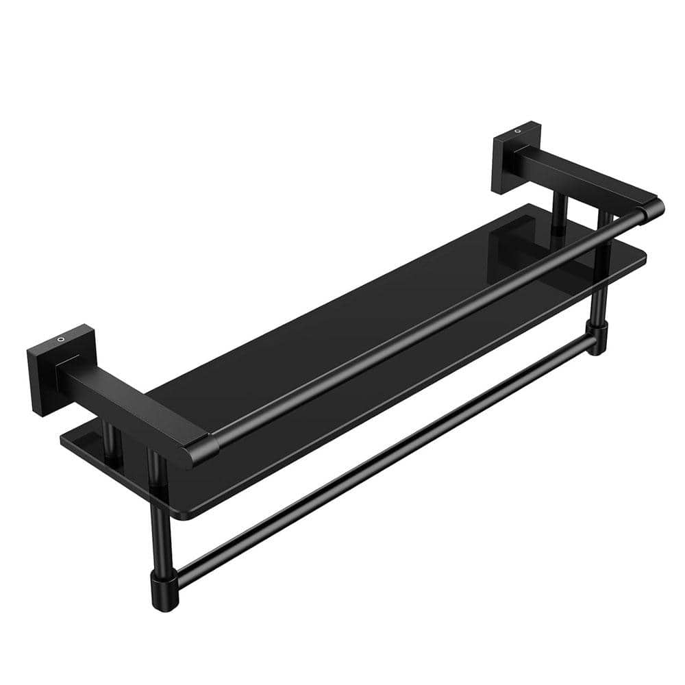 20 in. Black Single Wall Mounted Bathroom Glass Shelf Towel Rack with Towel