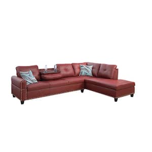 103.50 in. W Round Arm 2-piece Faux Leather L Shaped Modern Right Facing Sectional Sofa Set in Red w/Drop Down Table