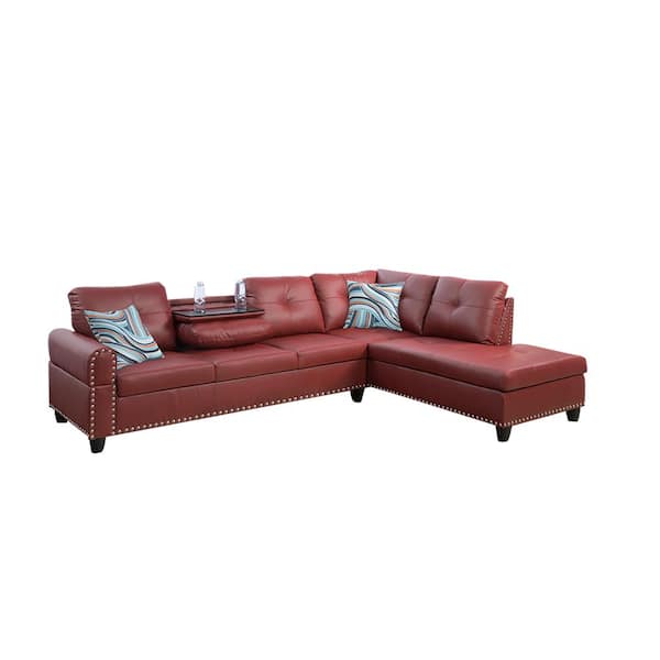 Star Home Living 103.50 in. W Round Arm 2-piece Faux Leather L Shaped Modern Right Facing Sectional Sofa Set in Red w/Drop Down Table