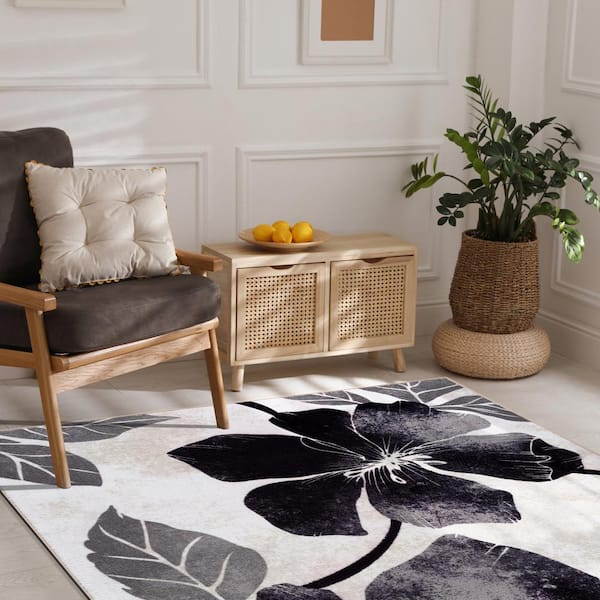 Black/Grey 8 ft. x 10 ft. Non Skid Floral Area Rug