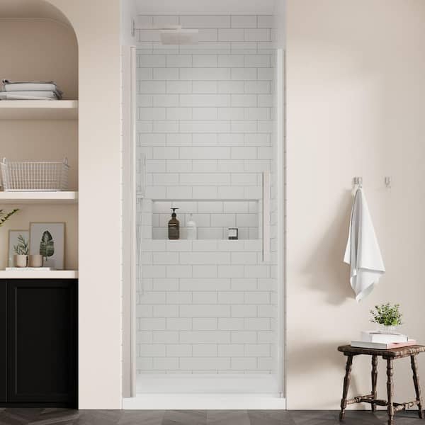 OVE Decors Pasadena 34 in. L x 32 in. W x 75 in. H Alcove Shower Kit with Pivot Frameless Shower Door in SN and Shower Pan