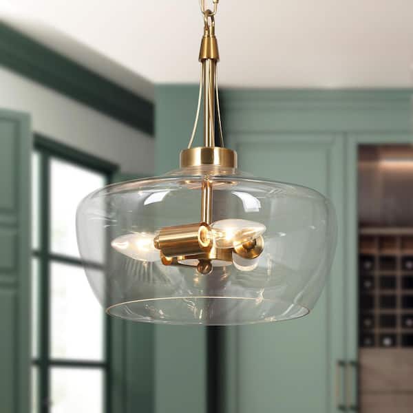 12 in. Modern 3-Light Brass Gold Chandelier Light, Bowl Hanging Pendant with Clear Glass Hanging Ceiling Light