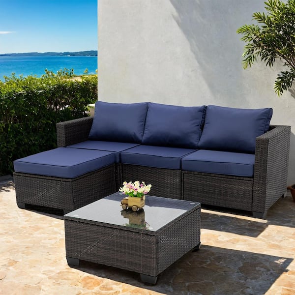 Unbranded 5-Piece Brown Wicker Outdoor Fabric Sofa Sectional Set with Dark Blue Cushion