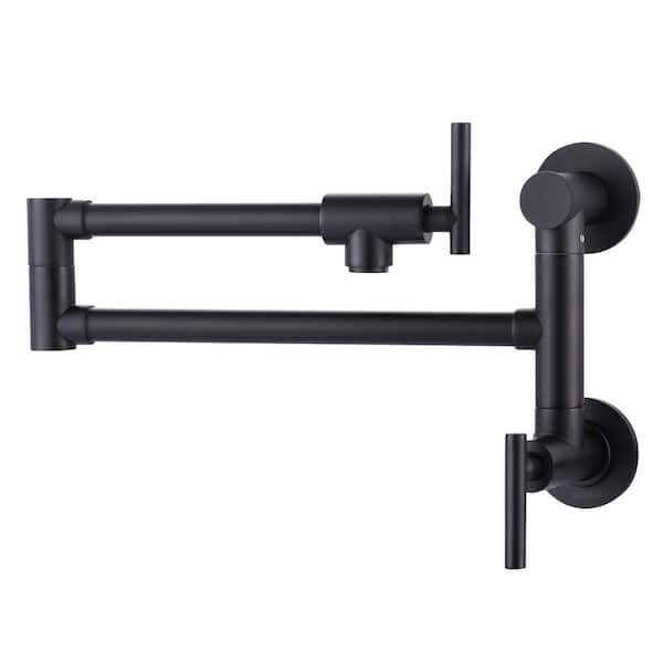 WOWOW Brass Wall Mounted Pot Filler with control Double Joint Swing Arm in Black