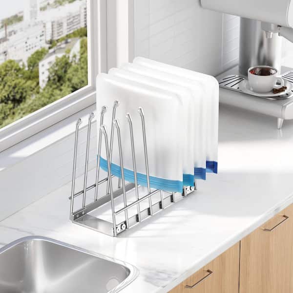 9.4 in. Metal Drying Dish Rack with Foldable for Kitchen, Reusable Ziplock and Silicone Storage Bags, Silver (1-Pack)