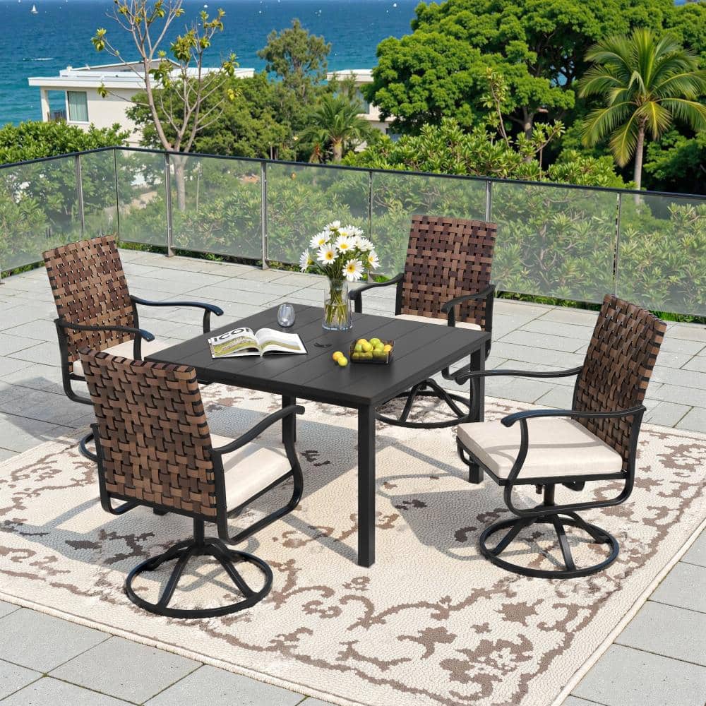 5-Piece Metal Outdoor Patio Dining Set with 4 Swivel Wicker Chairs, Beige Cushions and 40.2 in. Black Square Table price history on PriceWatchPro