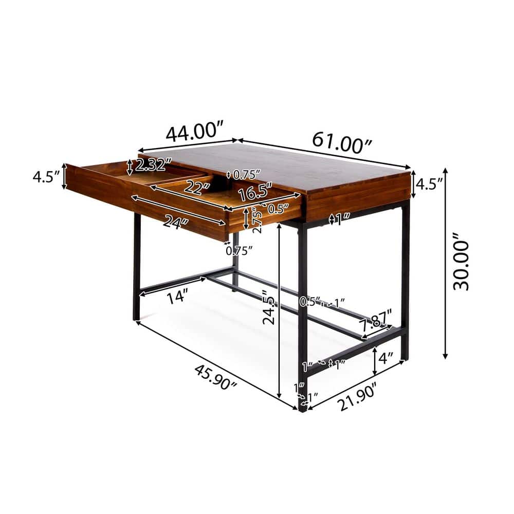 Rustic Dark Oak Acacia Wood Desk with Metal Frame and Dual Drawers