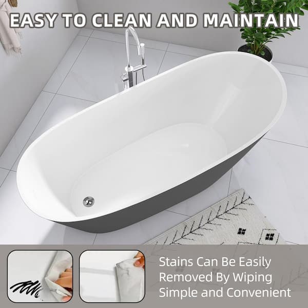 59 in. x 29.1 in. Acrylic Free Standing Flat Bottom Bathtub Oval Freestanding Soaking Bathtub with Left Drain in Grey