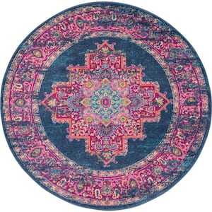 Passion Blue 5 ft. x 5 ft. Bordered Transitional Round Rug