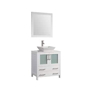Ravenna 30 in. W Bathroom Vanity in White with Single Basin in White Engineered Marble Top and Mirror