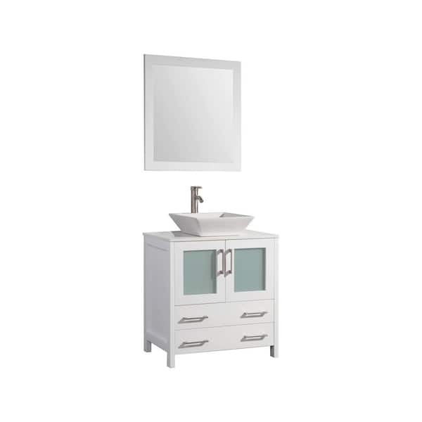 Vanity Art Ravenna 30 in. W Bathroom Vanity in White with Single Basin in White Engineered Marble Top and Mirror