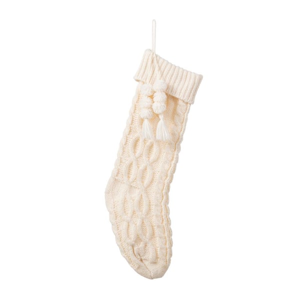 22 in. White Knitted Christmas Stocking with Pompon Tassel