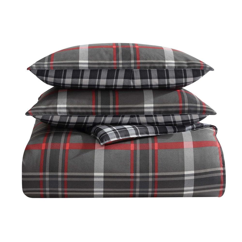 Eddie Bauer Willow Plaid 3-Piece Grey Microsuede King Duvet Cover Set