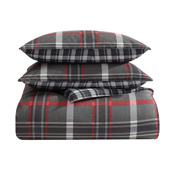 Eddie Bauer Willow Plaid 3-Piece Grey Microsuede King Duvet Cover Set