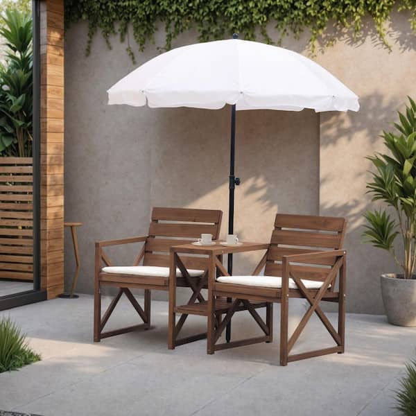 3-Piece Wood Outdoor Conversation Set with Two Seats, Table, Umbrella, and White Cushions
