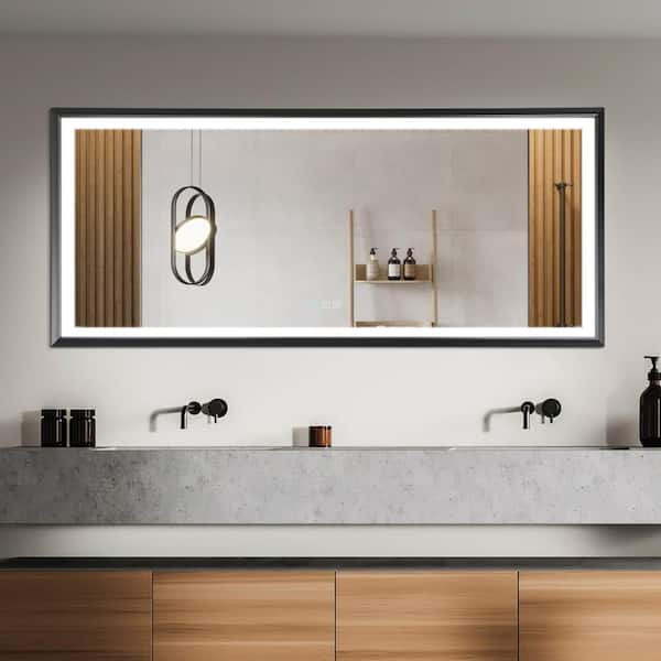 HBEZON Metis 84 in. W x 36 in. H Oversized Rectangular Aluminium Framed Dimmable Anti-Fog Wall Bathroom Vanity Mirror in Black
